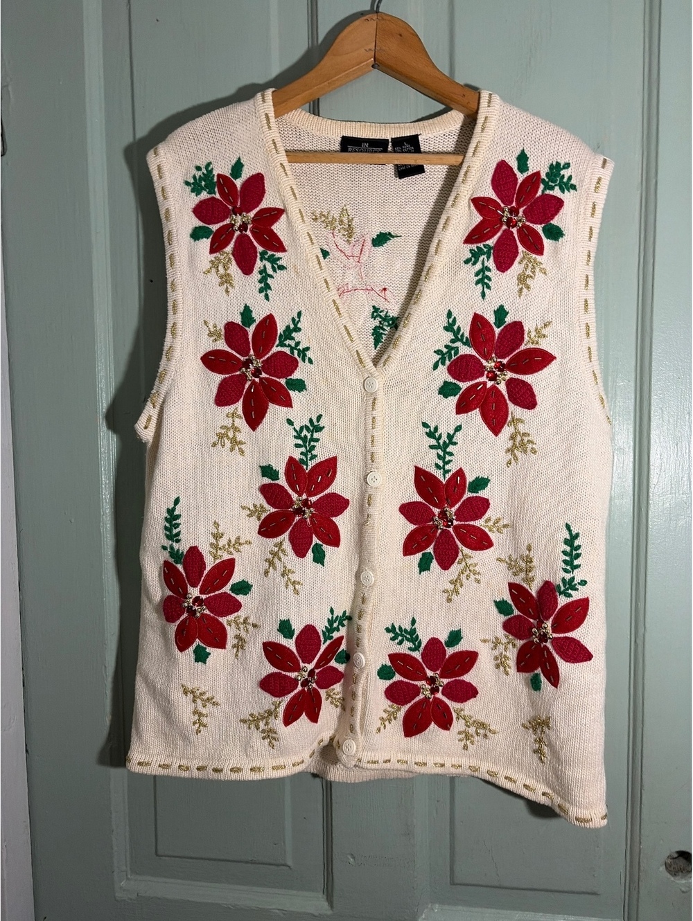 Vintage In Resource Holiday Cream Knit Vest/ Red Floral Embellishments Size L